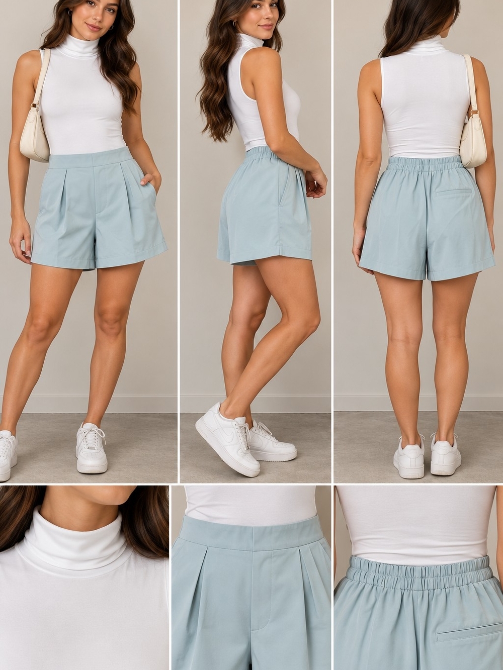 High-Waist Pleated Women's Bermuda Shorts in Light Blue
